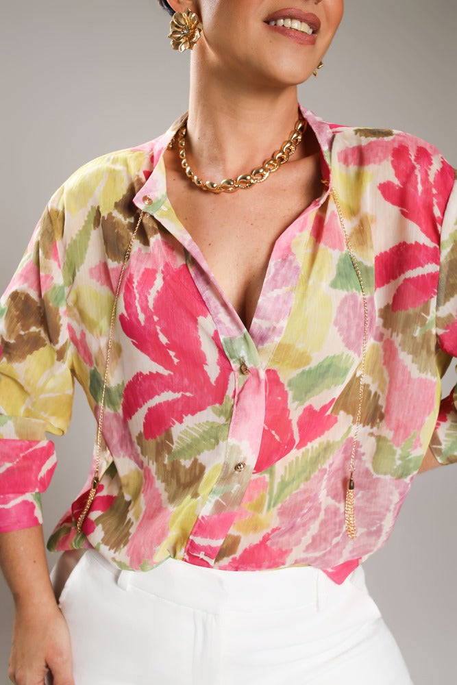 Camisa Chiffon Florida rosa e verde