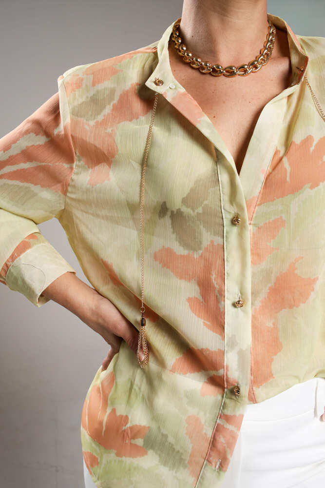 Camisa Chiffon Florida verde e salmao